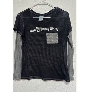 Walt Disney World Top Womens XS Black Gray Sequin Pocket Long Sleeve Shirt